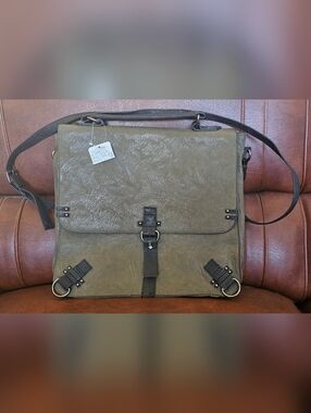 Free People Olive Green Vegan Leatger Laptop Messenger Bag